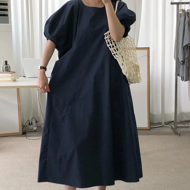 

Chic Simple 2021 Summer Long Dress Women Solid Cotton Round Neck Puff Sleeve Dress Office Lady Casual Loose Female Vestido 13884
