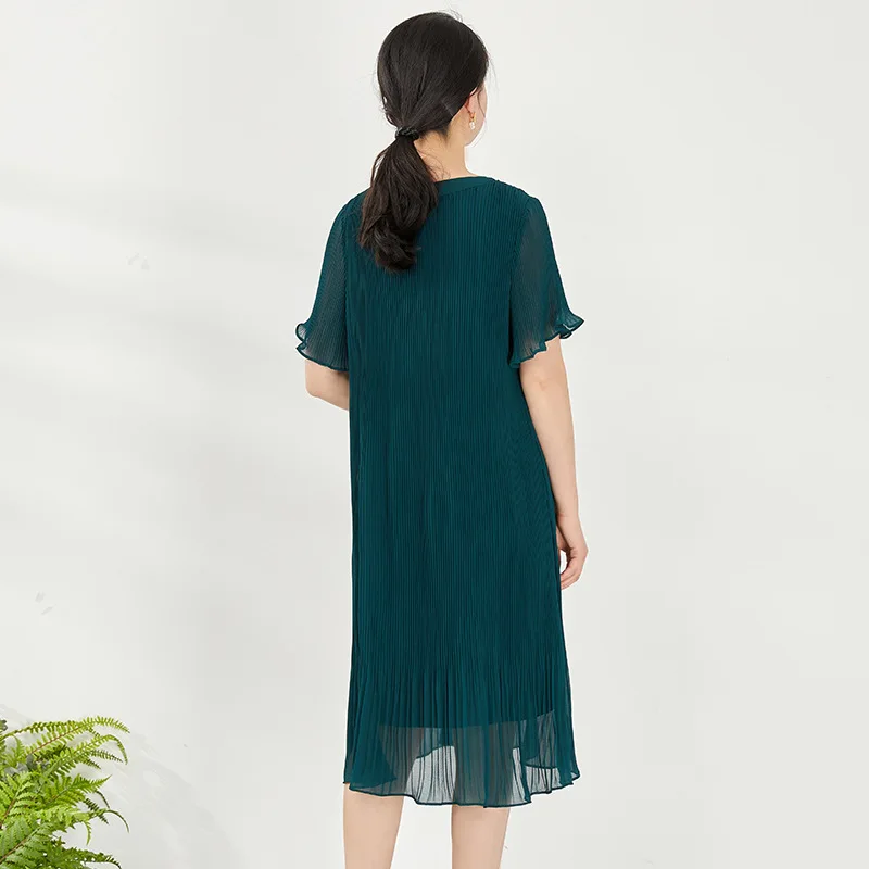 

Country Sari women's short skirt ribbon collar large women's slim short sleeve dress spring and autumn small Pleated Chiffon