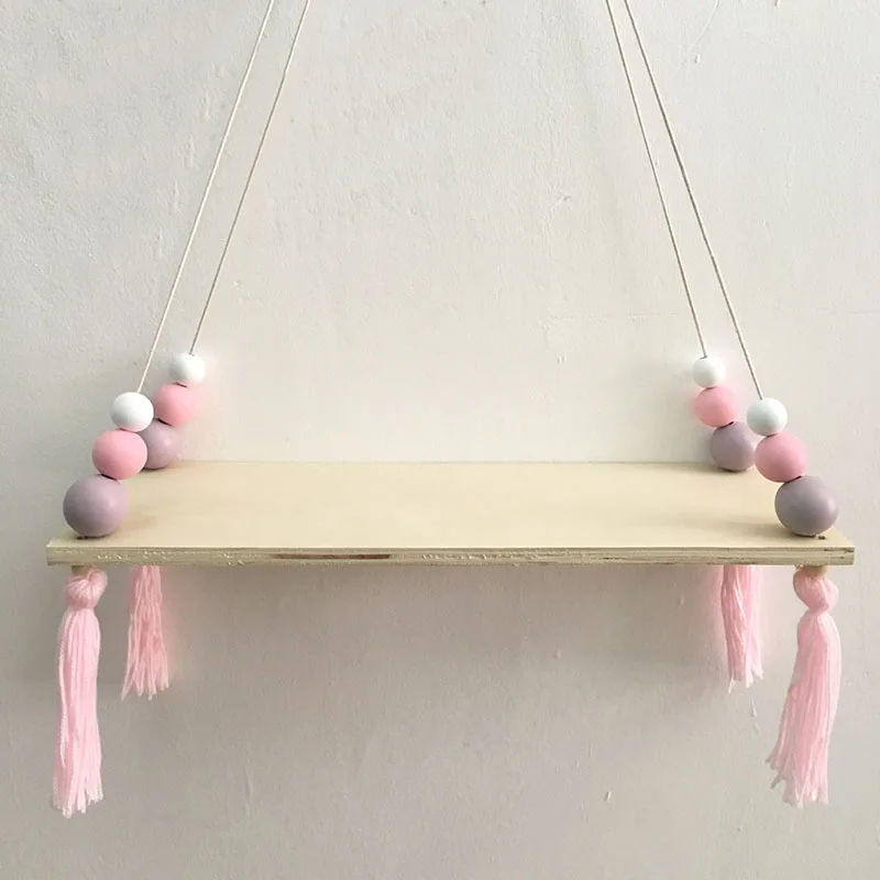 Bedroom Wall Hanging Ornaments Tassel Beads Pendant Wooden Board Storage Shelf Rack Photo Props Kid Room Home Decoration | Дом и сад