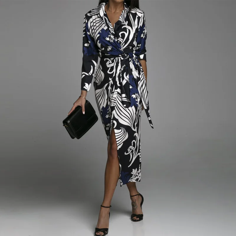 

Women Elegant Fashion Long Sleeve Bandage Shirt Dress 2022 New Sexy V Neck High Slit Party Dresses Ladies New Casual Dress Mujer