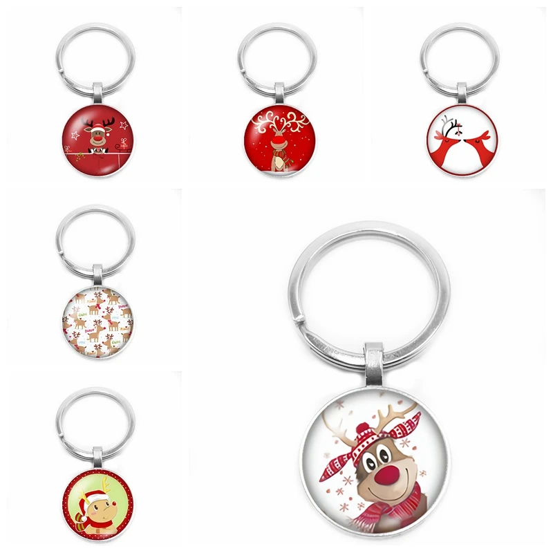 

2019 New Cartoon Christmas Deer Key Ring Children Christmas Gift Key Ring 25mm Glass Convex Round Key Ring Children Gift Jewelry