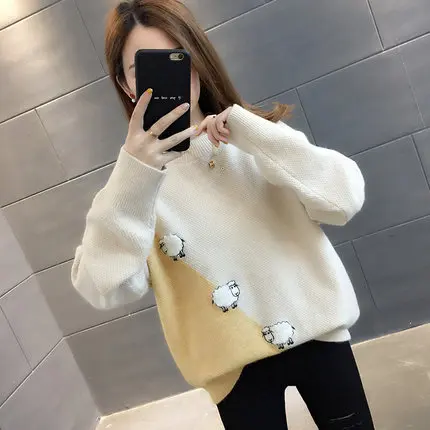 

Autumn and winter 2020 new knitwear, women's long sleeve, casual sweater, sheep and sheep cartoon loose top is short