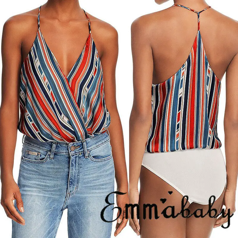 

Women Summer Clothes Vest Top Sleeveless Casual Loose Striped Tank Tops V-Neck Regular Size Pullover Polyester Camis