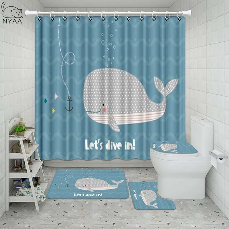 Vixm Водонепроницаемая синяя занавеска для ванной комнаты с рисунком Кита набор