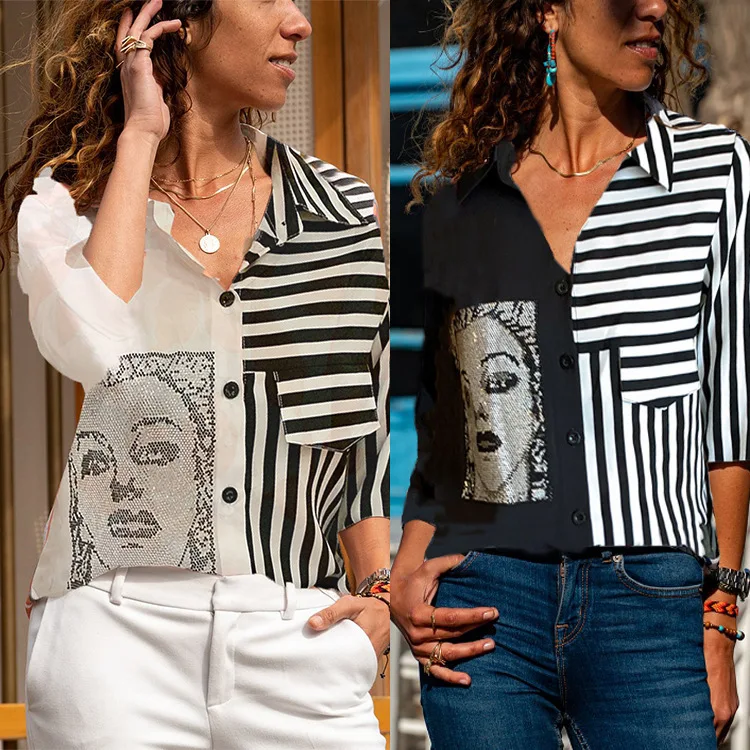 

Модные пуловеры, блузка, рубашка, полосатый топ с V-образным вырезом и рукавом 3/4, женские топы, свободная Весенняя Повседневная Новая женска...