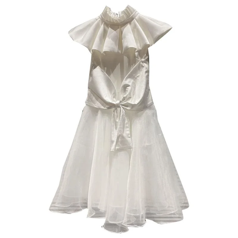 

Ruffle Shawl Stand Collar Mesh Stitching Princess Dress 2021 Summer New Small Fragrance Dresses