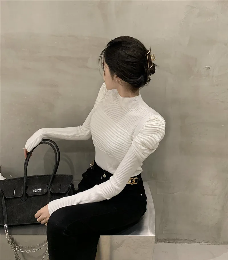 

Jane Deiune New Autumn Winter Women Turtleneck Vintage Pleated Simple Loose Puff Sleeve Sweater Solid Slim Tops Fashion Pullover