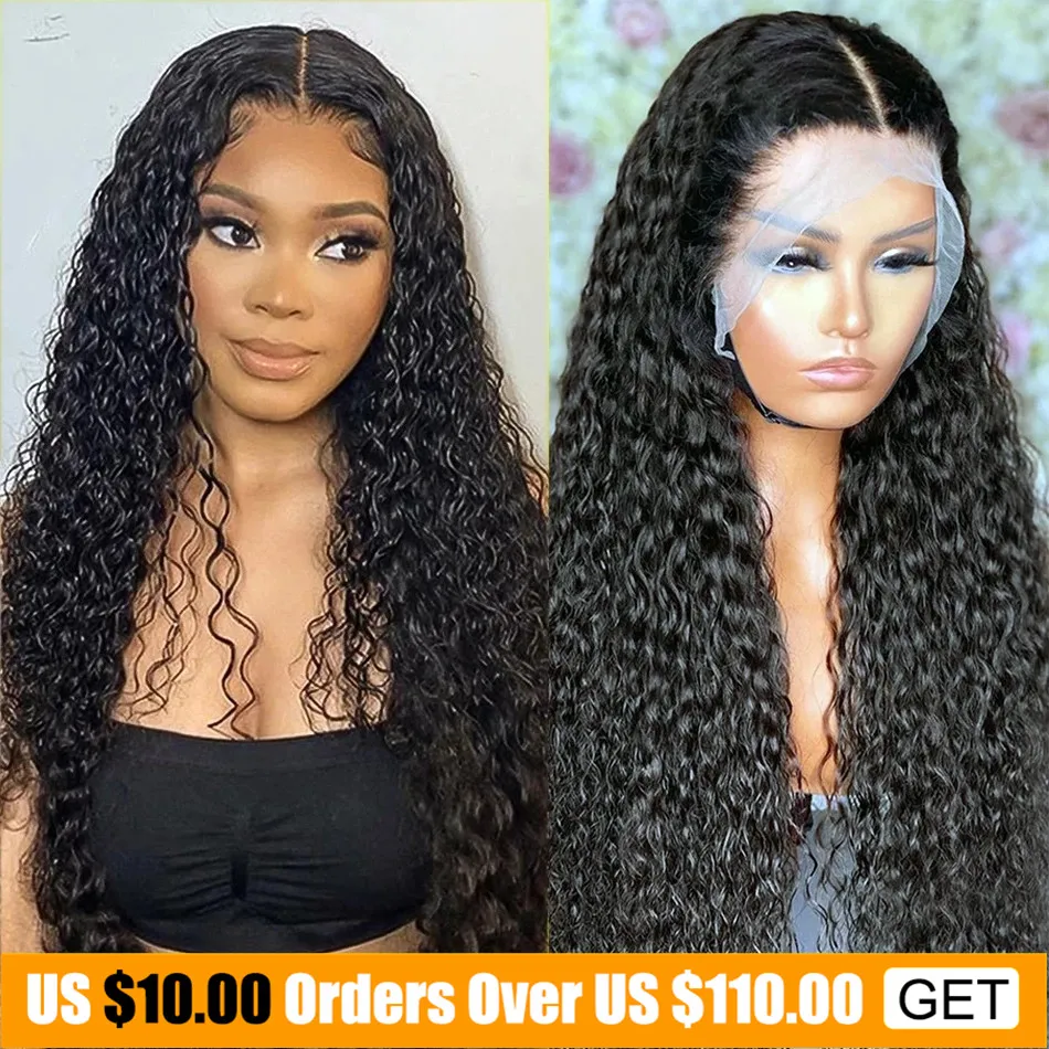 Water Wave Transaprent Lace Front Wig 4x4 Deep Curly Lace Closure Wig T Part Peruvian Human Hair Deep Wave Wig Wet And Wavy