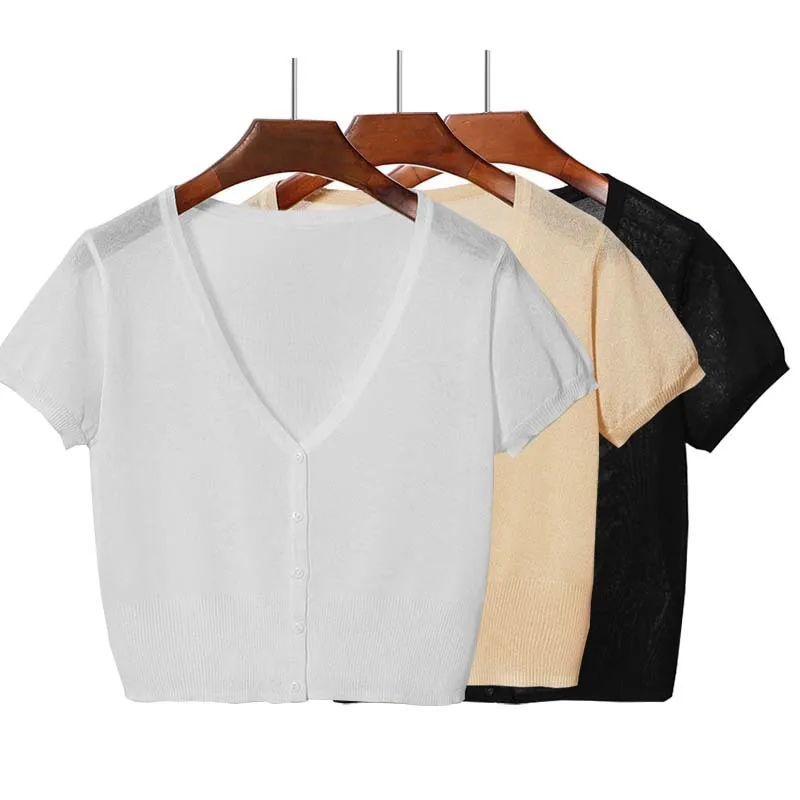 

Women Summer V-Neck Knitted Casual Thin Sweaters Cardigans Lady Short Sleeve Knitting Outwear for Female