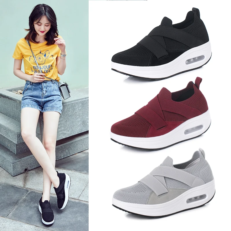

Womens Wedge Sneakers Outdoor 2021 Sports Shoes Lightweight Breathable Stylish Slip-on Socks Shoes Cushioning Female Swing Shoes