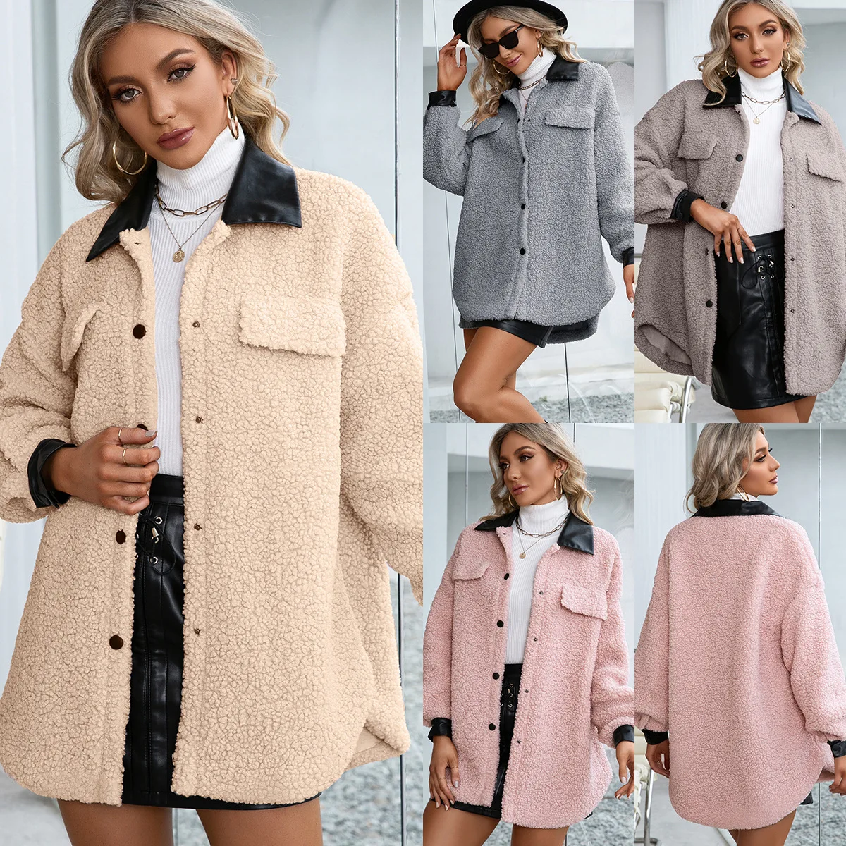 

2021 lapel cardigan plush PU long single-breasted trench coat jacket women