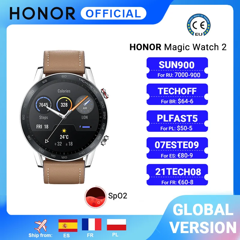 

Умные часы глобальная версия Honor Magic Watch 2, bluetooth, водостойкие Смарт-часы с оксиметром в крови, 14 дней, в форме сердца, крысы, для Android и iOS