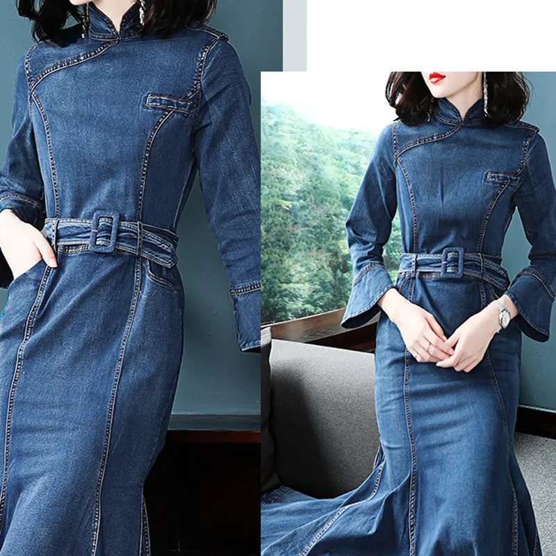 Женское джинсовое платье cheongsam длинное с воротником-стойкой весна-осень 2019 |