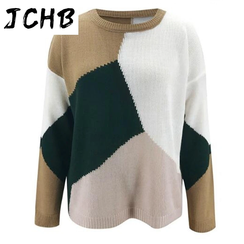 

Autumn 2021 Winter Women Sweater Fashion Color Matching Patchwork O-Neck Long Sleeve Pullovers Tops Casual Loose Knitted Sweater