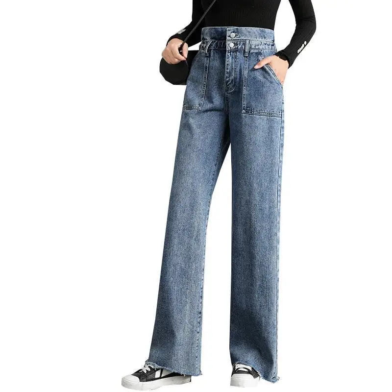

Wide Leg Pants Draped Trousers Casual Loose High Waisted Buttons Retro Old Pants Elastic Waisted Pockets Denim Jeans Mom Jeans