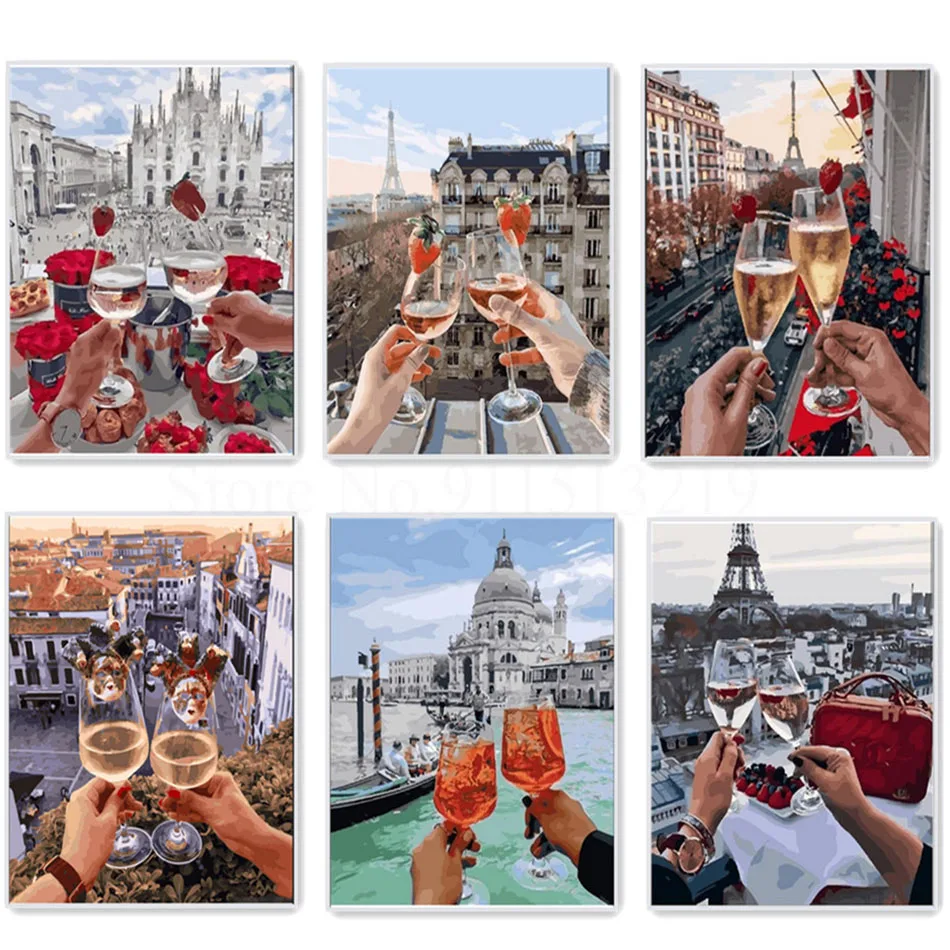 

Cheers Paris Wall Pictures Oil Painting On Canvas European Streetscape Painting By Numbers Home Decoration 40*50cm Size