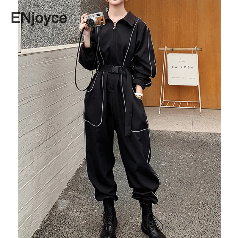 2020 Spring Autumn New Reflective Lines Jumpsuits Romper Women Korean Fashion Black Loose Jumpsuit Female Casual Overalls