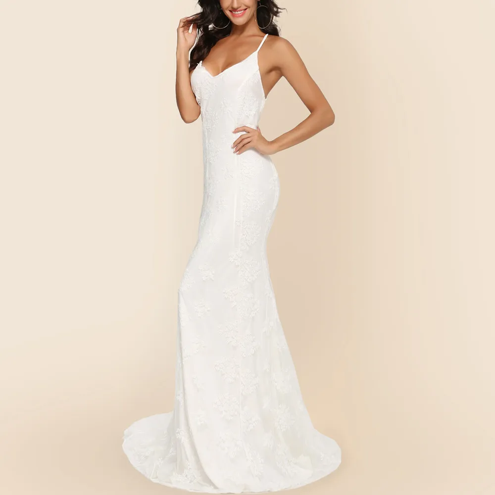

Women V-neck Train Wedding Dress Ladies Slim Bodycon Halter Sleeveless Party Elegant Wear Clubwear Party Long Maxi Dresses