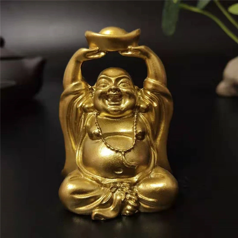 

Gold Laughing Buddha Statue Chinese FengShui Money Maitreya Buddha Sculpture Figurines Home Garden Decoration Statues Lucky Gift