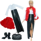 3 шт.компл. = 1 мягкое меховое платье, красное шерстяное пальто, наряд + 1 черная сумка для покупок + 1 черная обувь, Одежда для куклы Барби, игрушка сделай сам