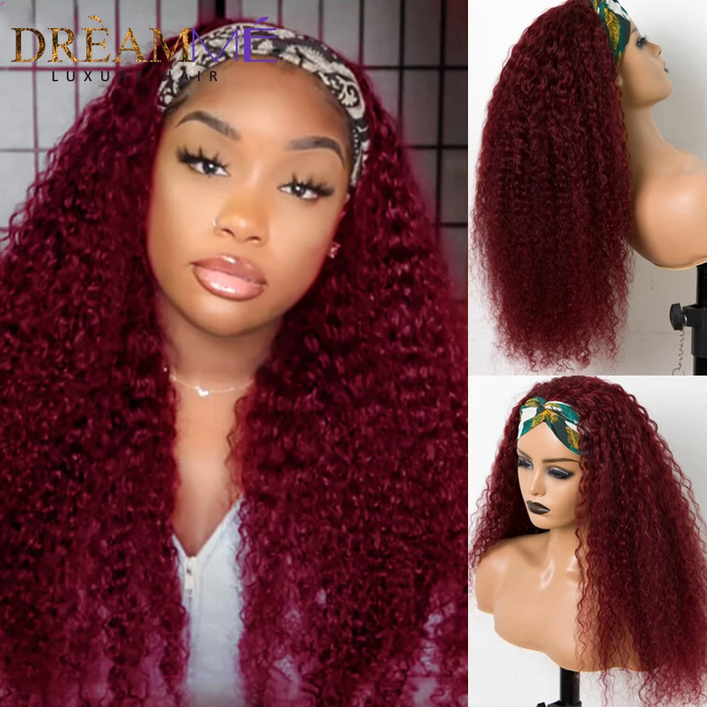 Красный бордовый 99J парик с головной повязкой человеческие волосы для всей