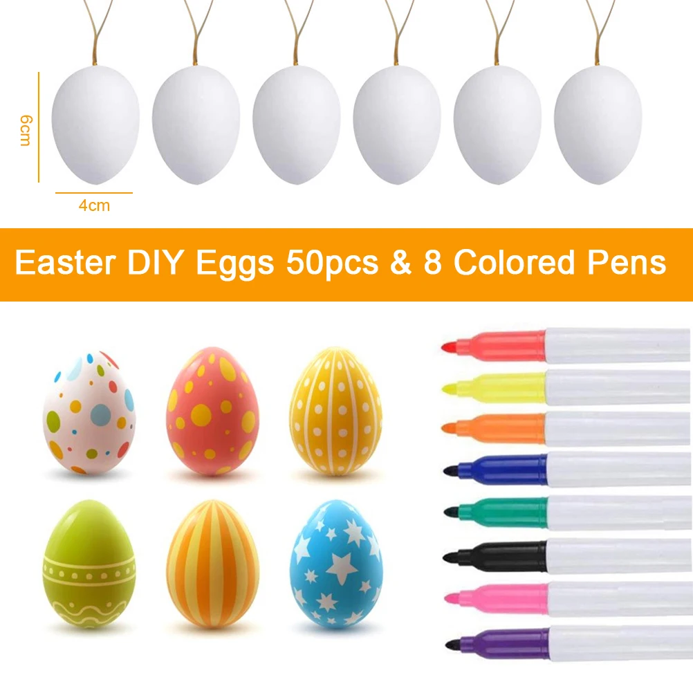 

50 pcs Plastic White Easter Eggs Decorative Eggs with Hanging Rope Easter DIY Painting Eggs with 8 Color Pens
