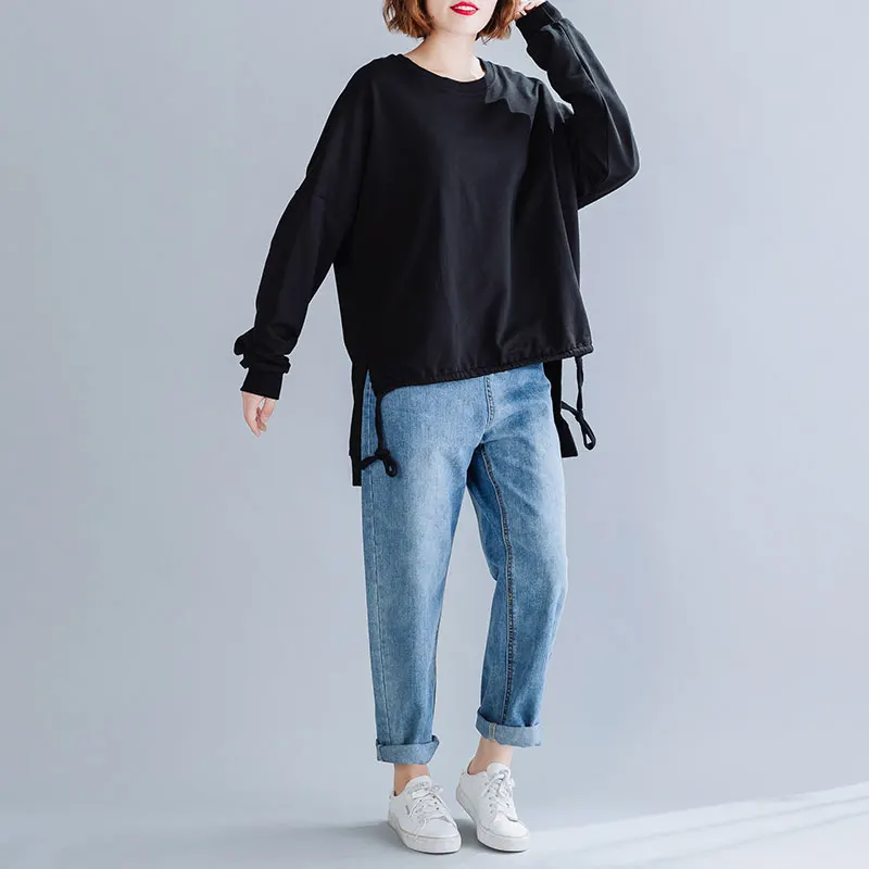 DIMANAF Autumn Winter Plus Size Women T-Shirt Basic Tunic Tops Shirts Cotton Long Sleeve Loose Casual Female Clothes Solid Black