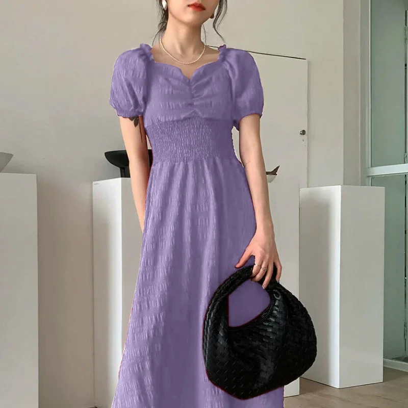 

Elegant Dress Women Vintage Summer Puff Sleeve Solid A-line Fashion Party Romance Empire Ladies Dresses Vestido