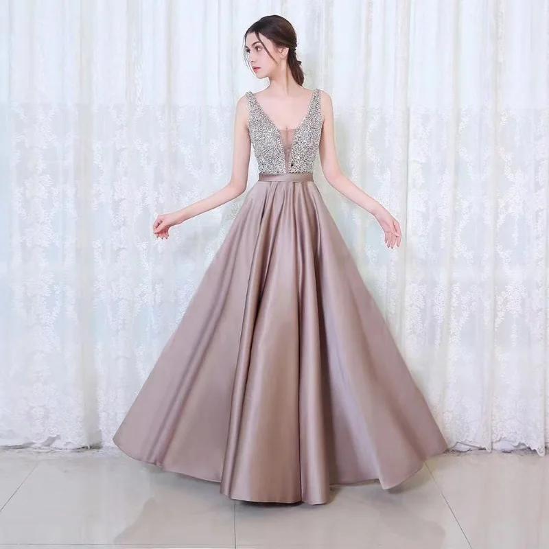 

2021 V-Neck Sleeveless Lace Satin A-Line Beading Evening Dress Party Dress Performance Evening Dress Girl Plus Size