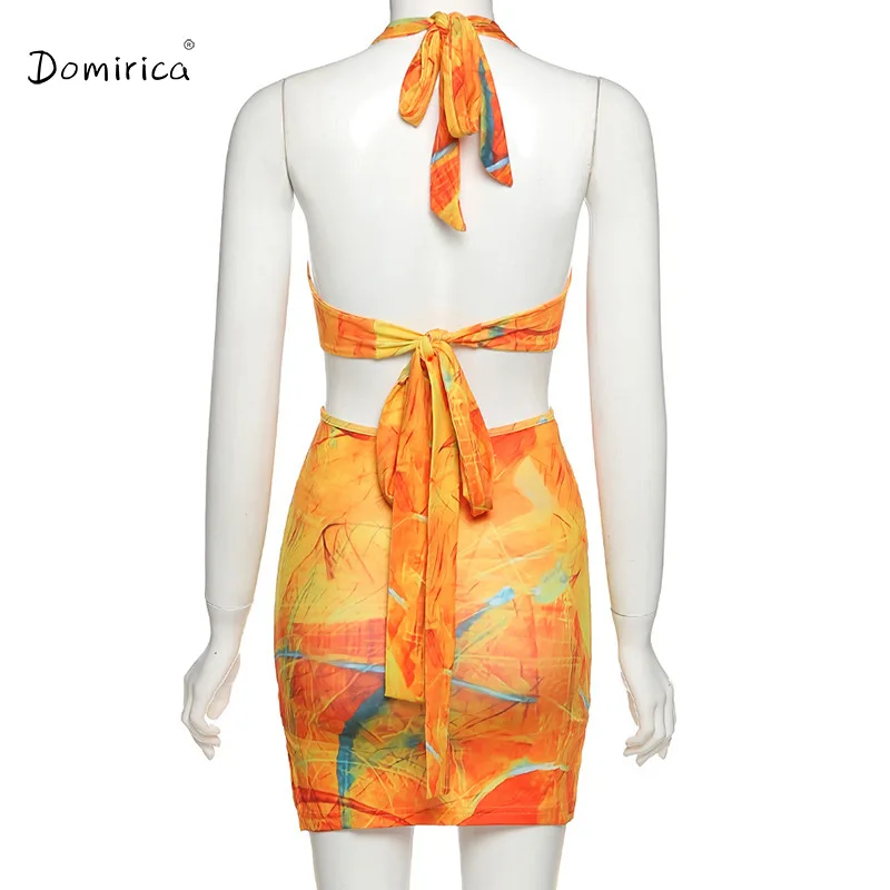 

Orange Dress Women Summer Sexy V-neck Printed Backless Waistless Beachwear Bodycon Dress Fake Sleeveless Two-piece Short Dress