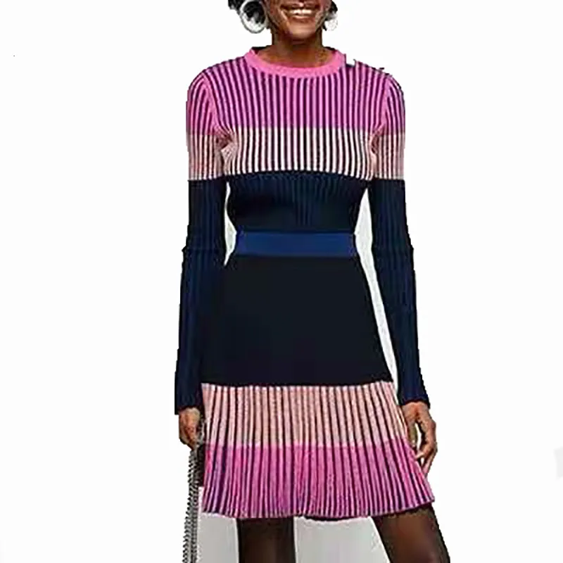 2020 new round neck flare sleeves striped knitting pullover slim sweater and high waist mini skirts set C151