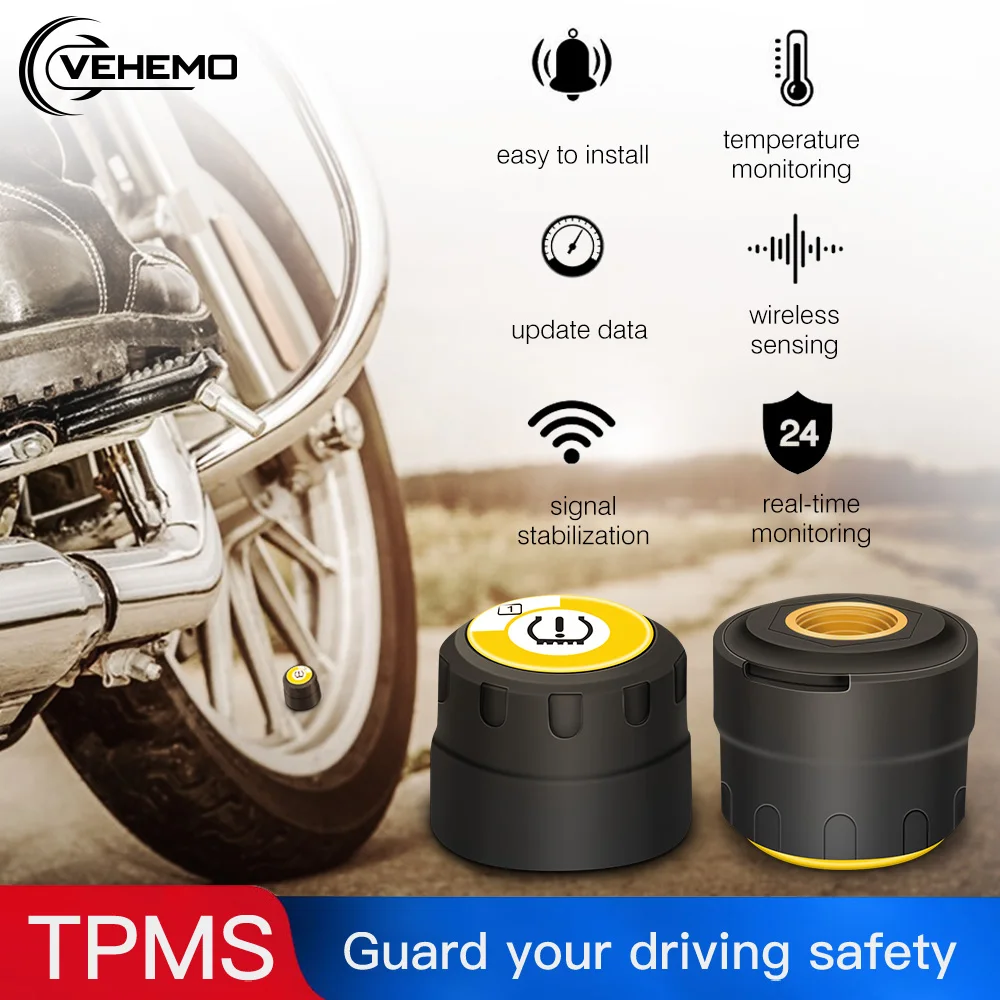 VEHEMO Motorcycle TPMS Android Tire Pressure Monitoring System for IOS Wireless Bluetooth Universal 2PCS External Sensors | Автомобили и