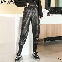 ayunsue 100 sheepskin leather pants black cargo pants women 2020 korean style trousers high waist autumn winter pantalon femme