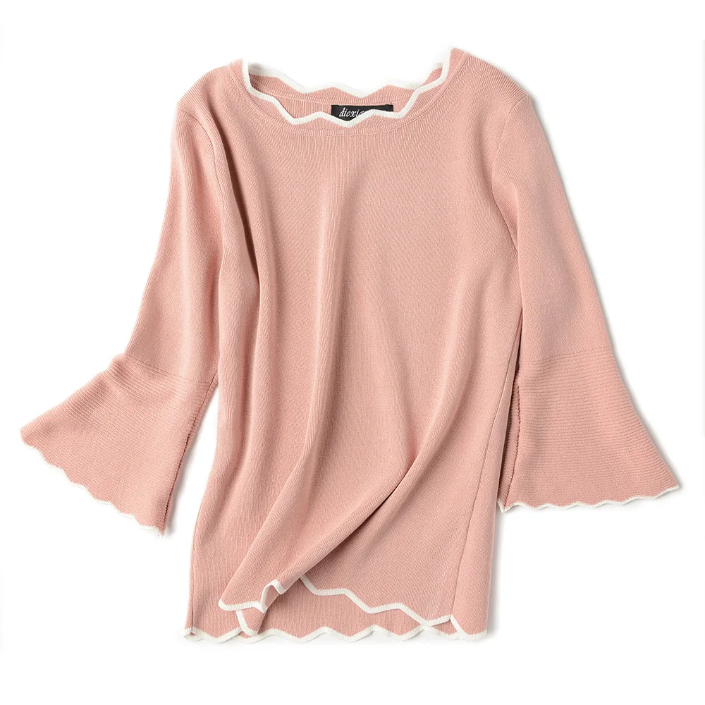 Ледяной шелк тонкое летний хит цвет свитер для женщин с расклешенным рукавом