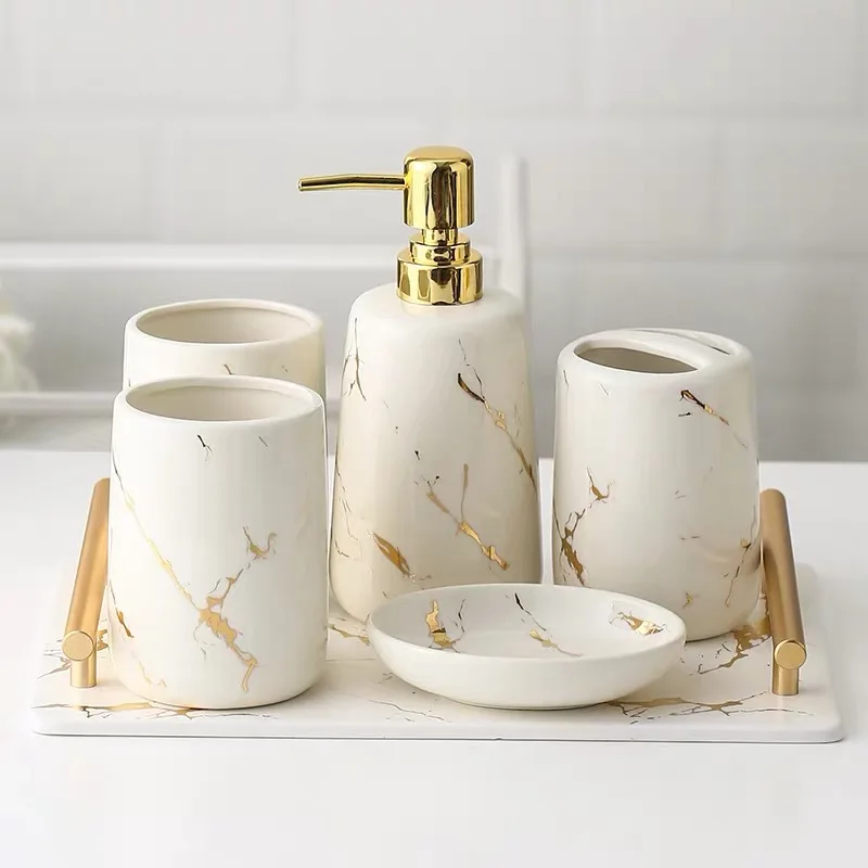 5pcs Fashion Marble Bathroom Set Household Wash brush cup, Liquid Soap Dispensers, Soap Dishes