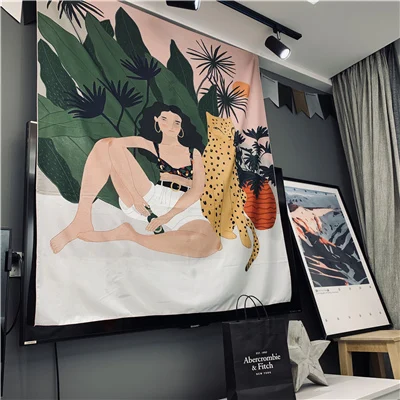 Leopard girl Скандинавский декоративный настенный гобелен, подвесной кактус, девушка, тигр, настенный гобелен из ткани, бохо декор, авокадо, ткань, мандала, Настенный Ковер - Цвет: Leopard girl