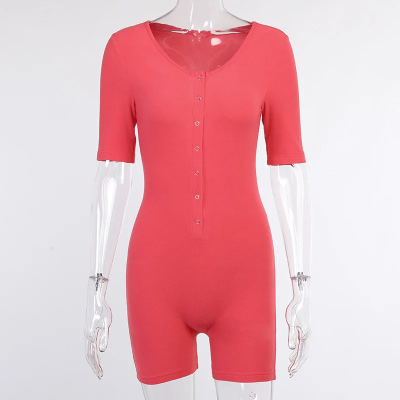 

Short Bodysuit Women Sexy V-neck Button Short Sleeve Romper Summer Bodyocn Playsuit Yellow Red Casual One Piece Shorts Playsuits