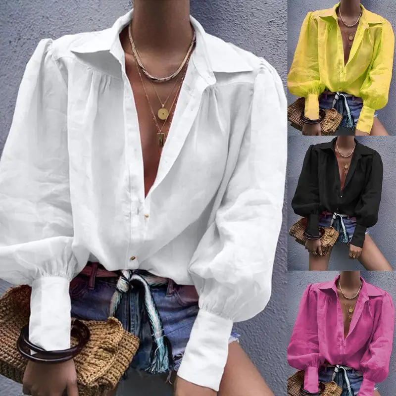 

Women Autumn Puff Long Sleeve Blouse Lapel Collar Button Up Vintage Shirt Solid Color Office Lady Loose Streetwear