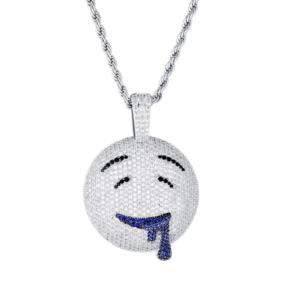 Drool Round Face Pendant With Tennis Chain Iced out Charm Bling Cubic Zircon Men's Hip hop Necklace Rock Jewelry | Украшения и