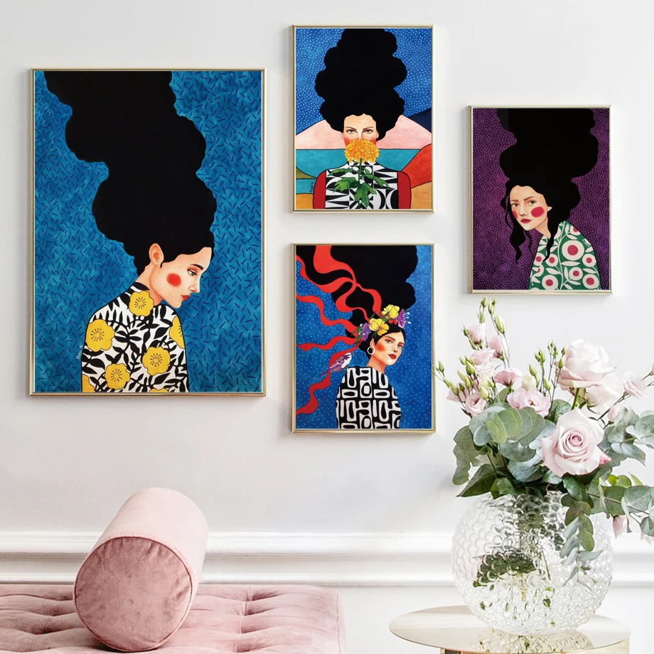 Винтажные женские волосы птица цветы Настенная Картина на холсте скандинавские