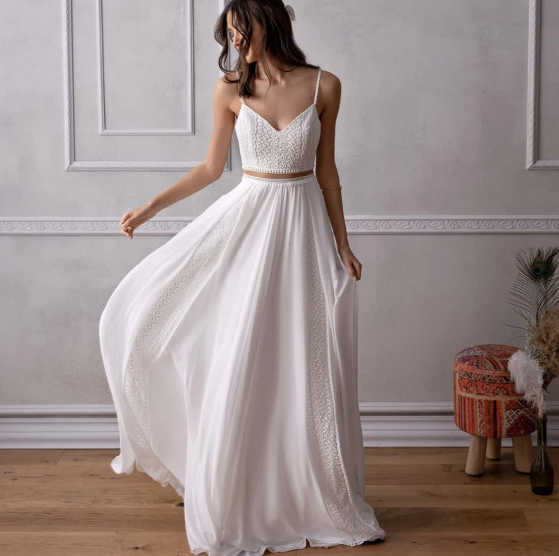

Bohemian Beach Wedding Dress 2021 A-Line Spaghetti Straps Embroidery Backless Sleeveless Elegant Bride Gown Vestidos De Noiva