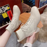 fashion ankle boots womens square toe middle heels booties lace up splicing leather elastic bootas ladies fall winter versatile