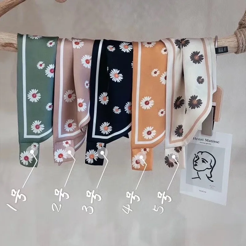 

Fashion women small silk scarf Female Elegant Daisy Shirt Scarve Korean Girls Turbans head luxury brand hijab black