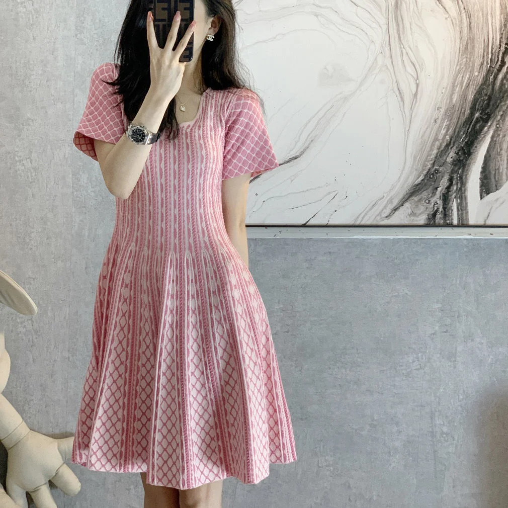 

Dresses Women Pink Striped Chic Leisure Mini Sweet Girlish Preppy Style A-line Female Kpop Summer Romantic Tender Knitted Retro