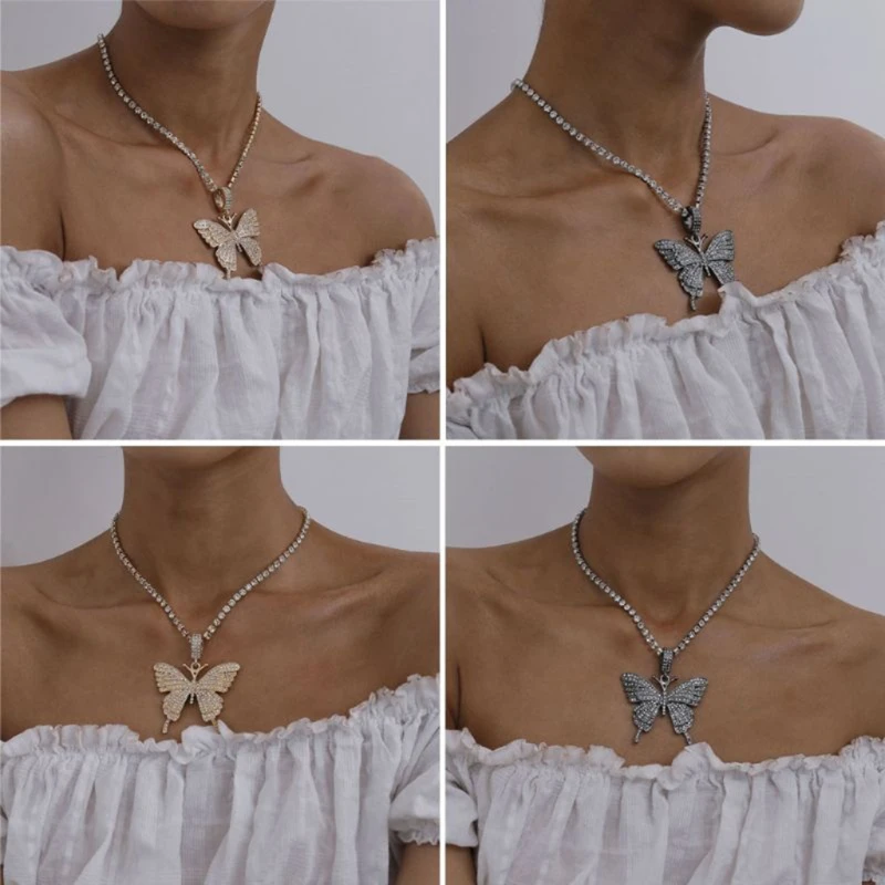 

Hip Hop Butterfly Necklace Single Layer Crystal Pendant Necklace Butterfly Chain Jewelry (Gold/Silver/Rose Gold)