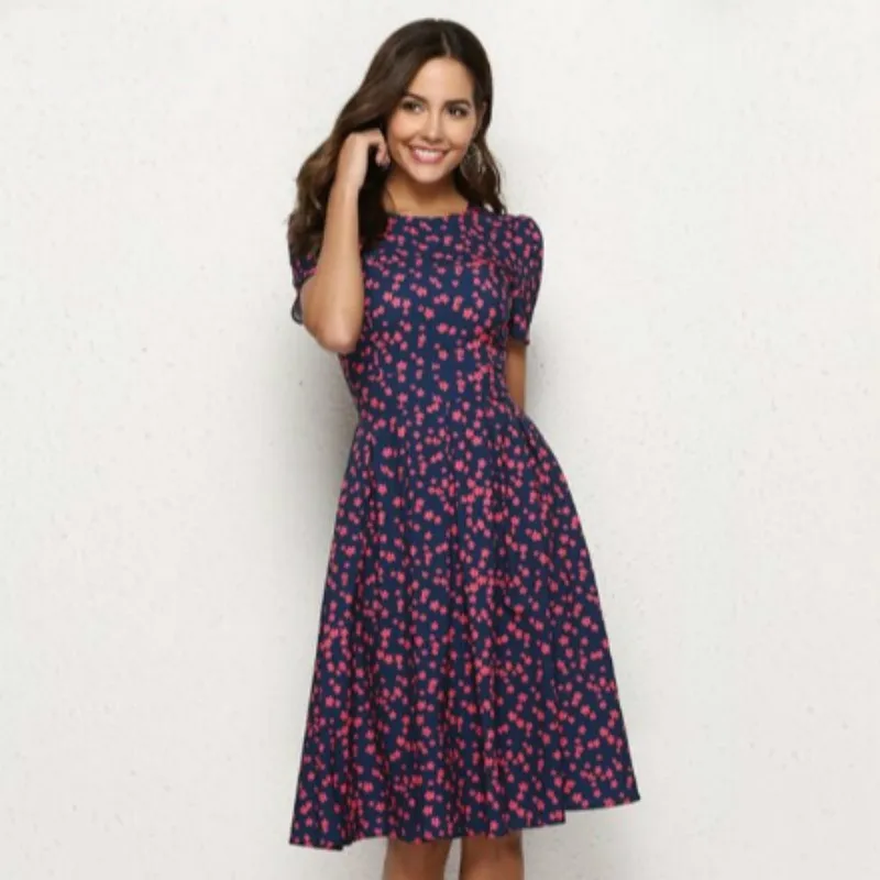 Винтажное женское платье миди с цветочным принтом весеннее элегантное коротким