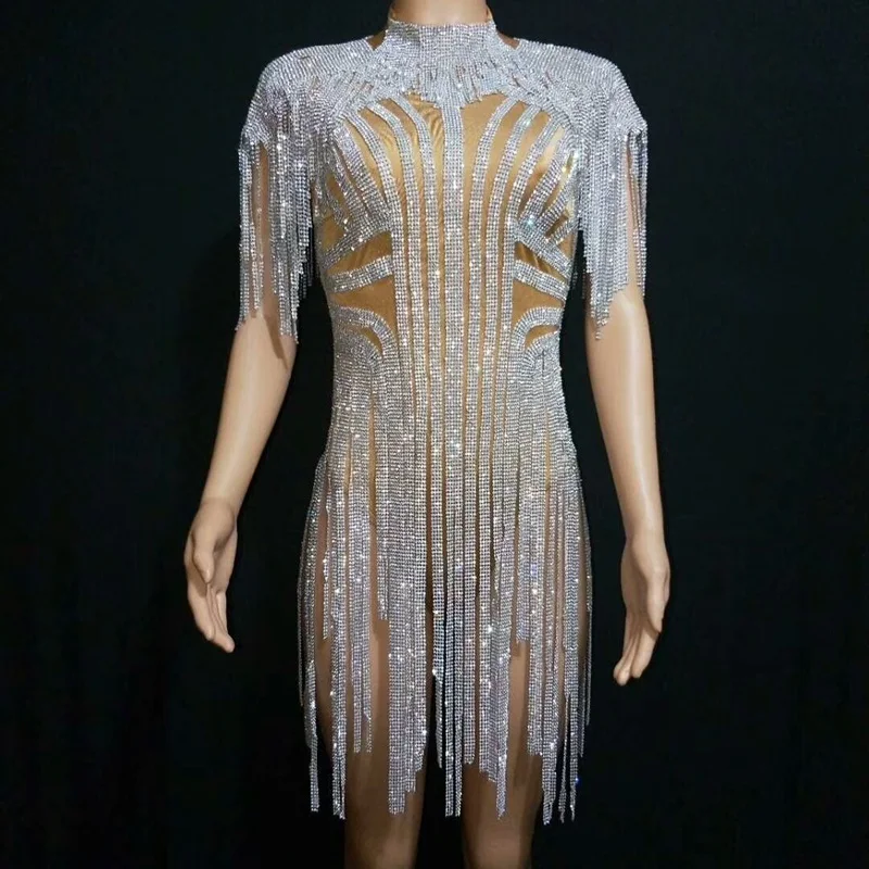 Блестящее серебряное боди с металлической бахромой одежда для ночного клуба на