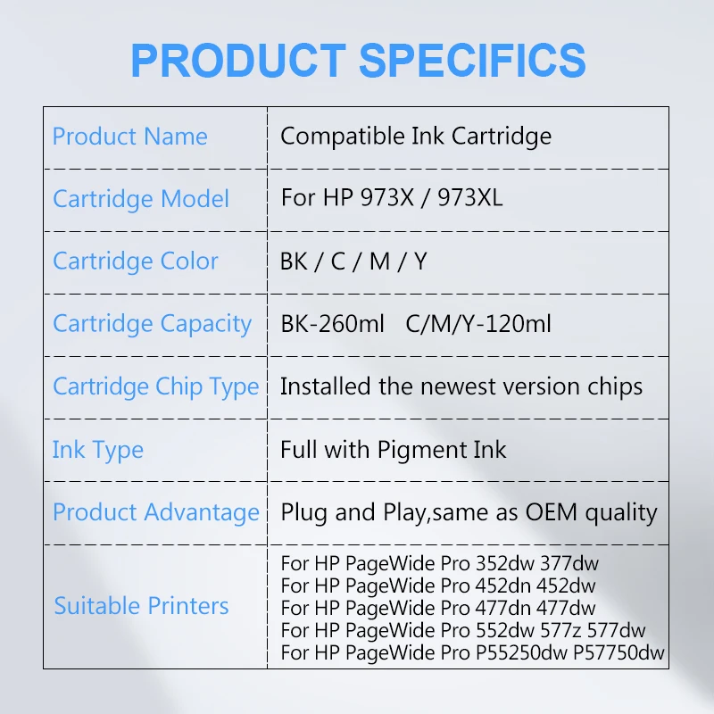 Совместимый чернильный картридж для HP 973 973X 973XL с полными пигментными чернилами