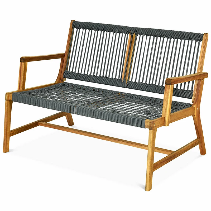 

2-Person Patio Natural Acacia Wood Yard Bench Smooth Teak Oil Coating Breathable Ropes Backrest and Seat Outdoor Furniture