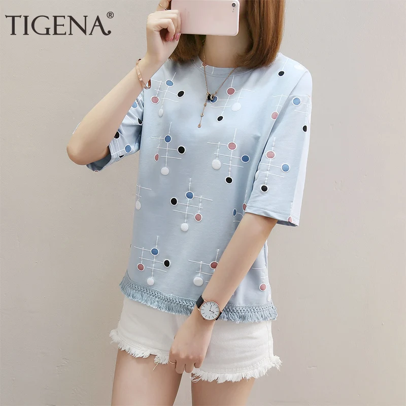 Женская футболка в горошек TIGENA Повседневная Свободная Корейском стиле лето 2020 |